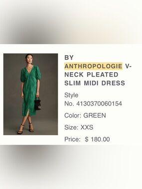 Anthropologie Emerald Green Pleated Midi Dress